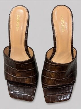 Carvela Grow Croc Embossed Brown Mule Heels 36.5 Sculptural Kitten Heel NWOB 6.5